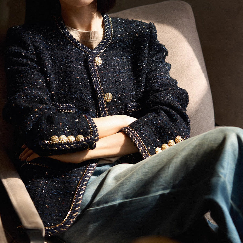 Elegant Women’s Tweed Jacket – Classic Black Chanel-Inspired Blazer with Gold Button Details and Trim Design