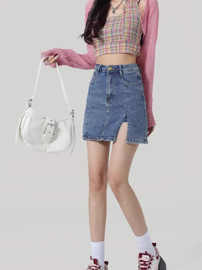 High Waist Front Slit Denim A-Line Mini Skirt – Vintage Casual Style (S–XL)