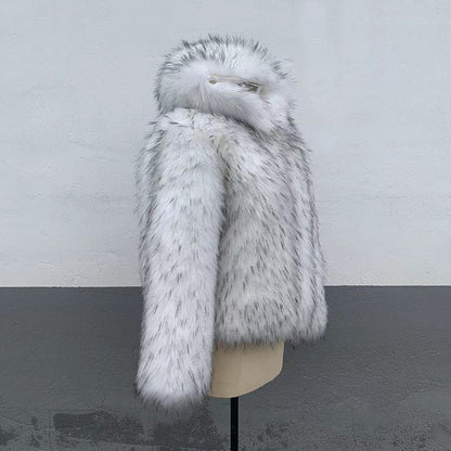 Gray and white colorblock hooded fur coat - fashionable and warm, unlocking your winter personality