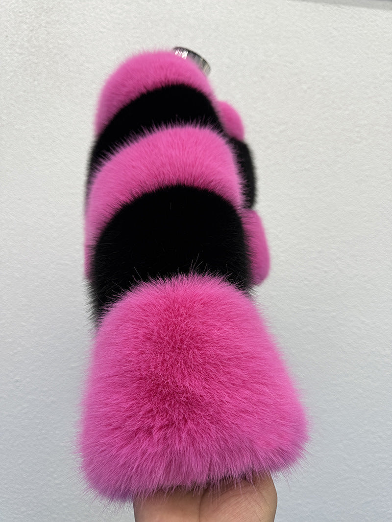 Pink and black contrast short fur coat - fashionable contrast color, creating a personalized eye-catching look