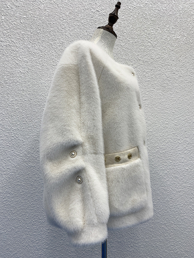 White Pearl Button Plush Coat - Elegant and Refined, Delivering a Luxurious Winter Style