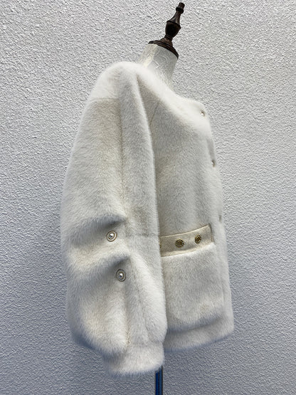 White Pearl Button Plush Coat - Elegant and Refined, Delivering a Luxurious Winter Style