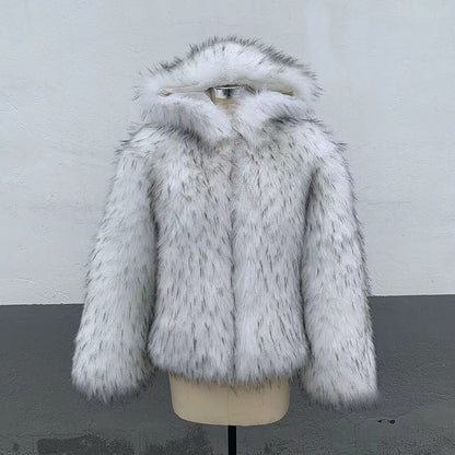 Gray and white colorblock hooded fur coat - fashionable and warm, unlocking your winter personality