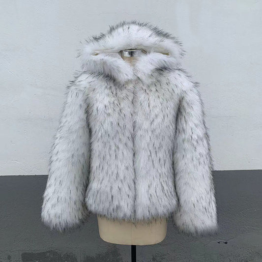 Gray and white colorblock hooded fur coat - fashionable and warm, unlocking your winter personality
