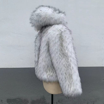 Gray and white colorblock hooded fur coat - fashionable and warm, unlocking your winter personality