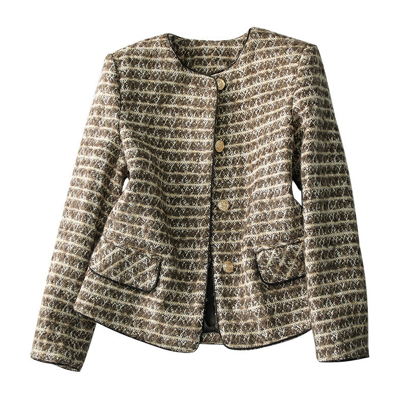 Vintage Plaid Tweed Jacket – Elegant Women’s Autumn Winter Chanel-Inspired Short Cardigan Blazer