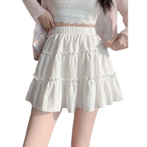 Sweet High-Waisted Layered Mini Skirt – Elastic Waist Ruffled Skater Skirt for Women (S–XL)