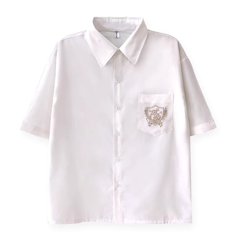 White Embroidered Pocket Shirt – Casual Long Sleeve School Style Blouse