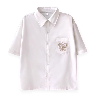 White Embroidered Pocket Shirt – Casual Long Sleeve School Style Blouse