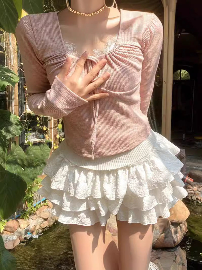 Sweet Ruffled Lace Tiered Skort – High Waist Elastic Mini Skirt with Shorts (S–XL)