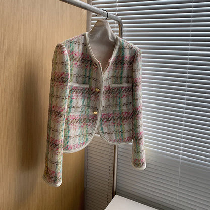 Vintage Chanel-Style Tweed Plaid Short Jacket – Elegant Women’s Tailored Blazer