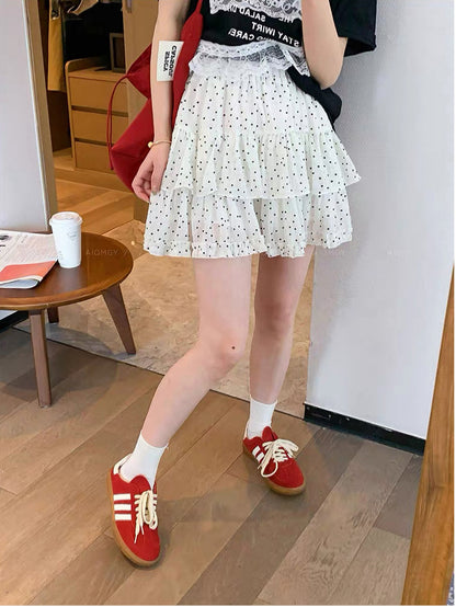 Vintage Polka Dot Ruffle Tiered Mini Skirt – High-Waisted Elastic Cake Skirt (S–XL)