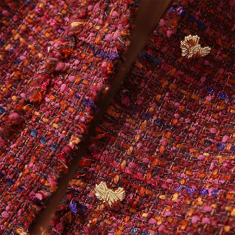 Women’s Tweed Short Jacket S-XL — Elegant Round Neck Design, Slim Fit, Vintage Red-Purple Blended Chic Cropped Outerwear