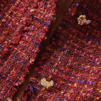 Women’s Tweed Short Jacket S-XL — Elegant Round Neck Design, Slim Fit, Vintage Red-Purple Blended Chic Cropped Outerwear