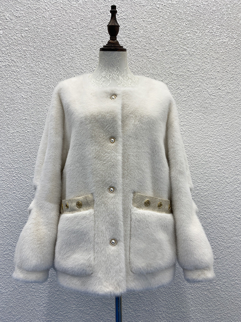 White Pearl Button Plush Coat - Elegant and Refined, Delivering a Luxurious Winter Style