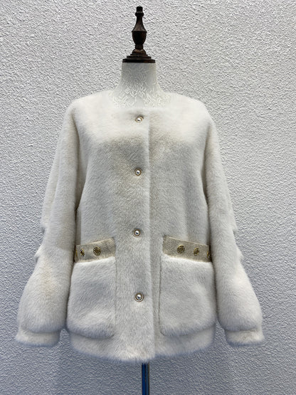 White Pearl Button Plush Coat - Elegant and Refined, Delivering a Luxurious Winter Style