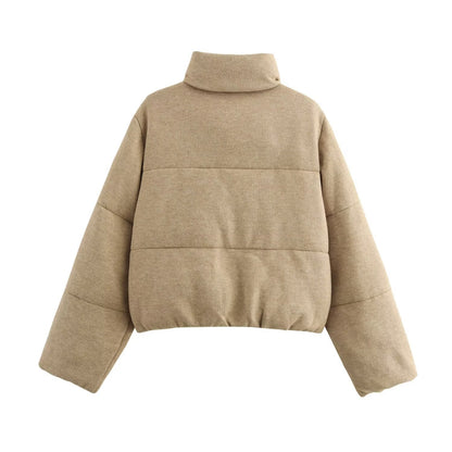 Light camel stand-up collar short puffer jacket (loose drop shoulder sleeve design)