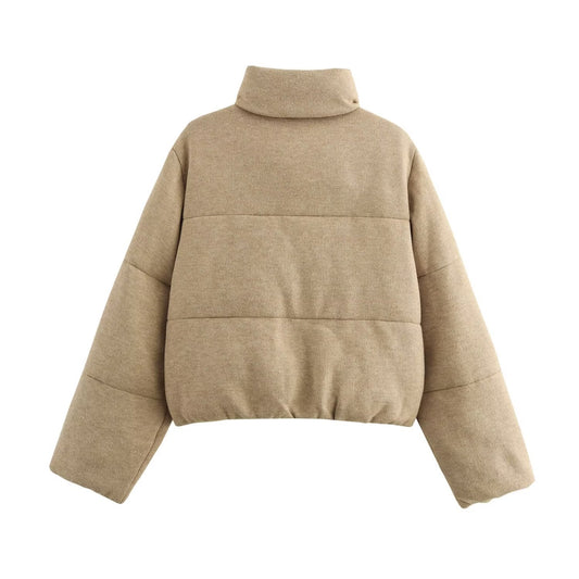 Light camel stand-up collar short puffer jacket (loose drop shoulder sleeve design)