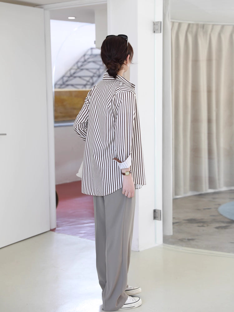 Vertical Striped Loose Long Sleeve Shirt – Women’s Casual Oversized Blouse