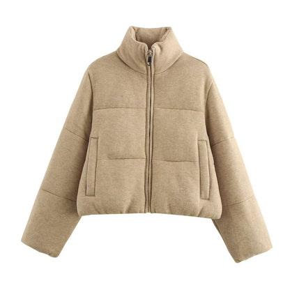Light camel stand-up collar short puffer jacket (loose drop shoulder sleeve design)