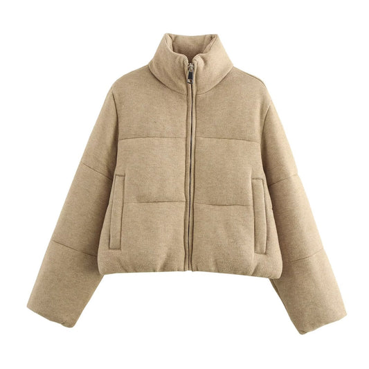 Light camel stand-up collar short puffer jacket (loose drop shoulder sleeve design)
