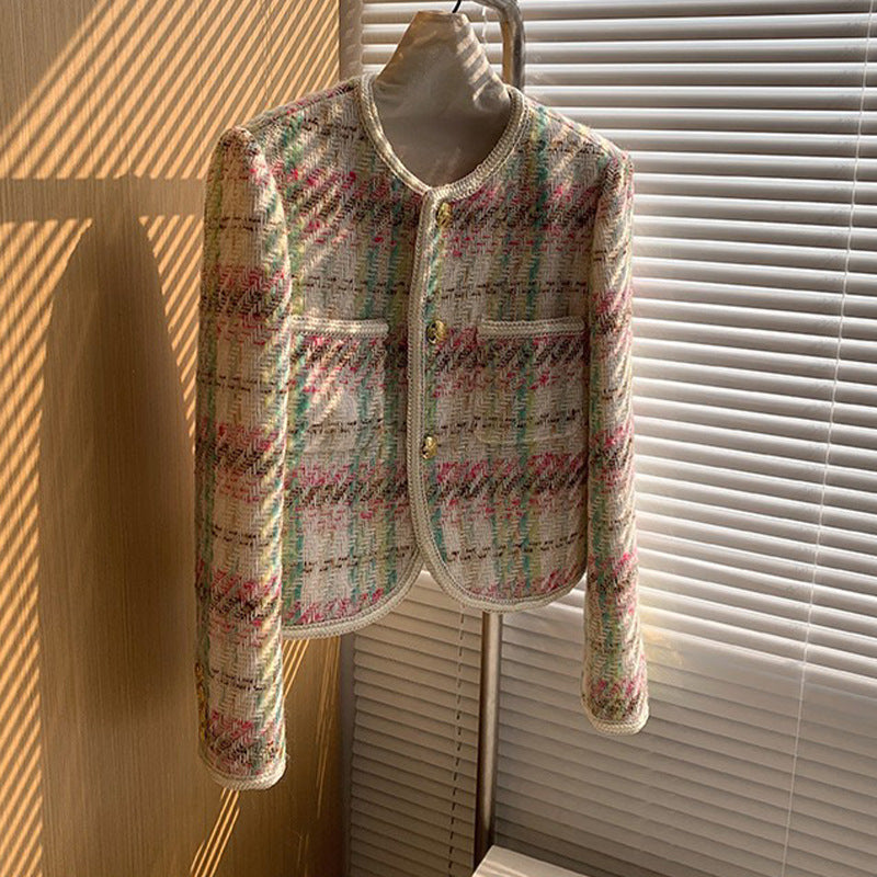 Vintage Chanel-Style Tweed Plaid Short Jacket – Elegant Women’s Tailored Blazer