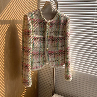 Vintage Chanel-Style Tweed Plaid Short Jacket – Elegant Women’s Tailored Blazer