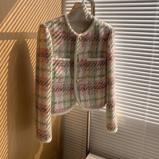 Vintage Chanel-Style Tweed Plaid Short Jacket – Elegant Women’s Tailored Blazer