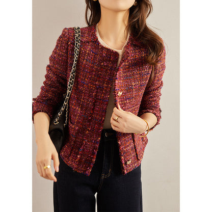 Women’s Tweed Short Jacket S-XL — Elegant Round Neck Design, Slim Fit, Vintage Red-Purple Blended Chic Cropped Outerwear