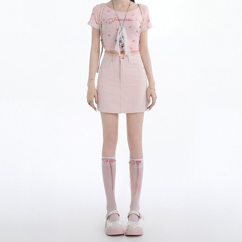 Pink High Waist A-Line Denim Mini Skirt – Casual Slim Fit Streetwear (S–XL)