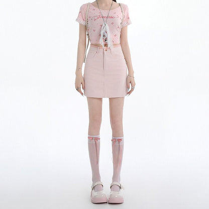 Pink High Waist A-Line Denim Mini Skirt – Casual Slim Fit Streetwear (S–XL)