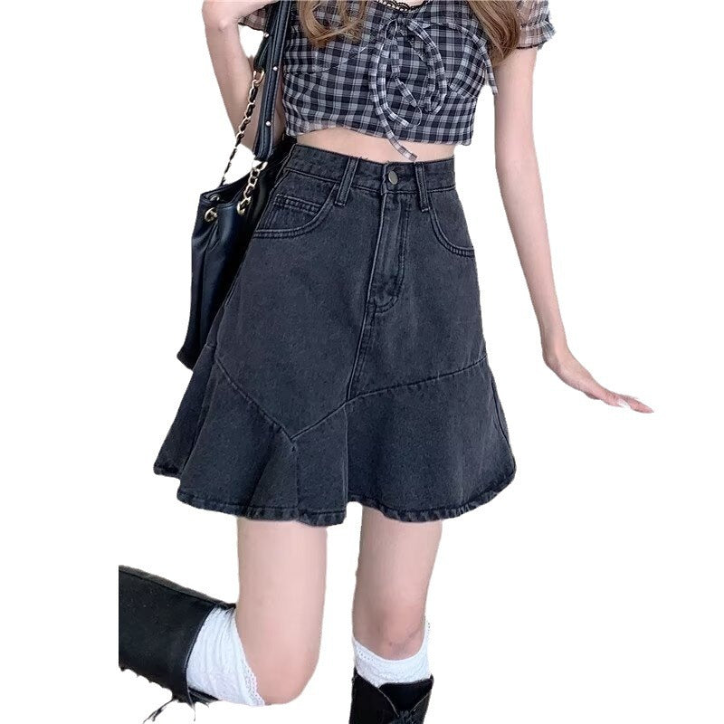 High-Waisted Black Denim Flared Mini Skirt – Vintage A-Line Ruffle Hem Skirt (S–XL)