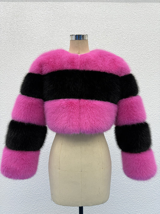 Pink and black contrast short fur coat - fashionable contrast color, creating a personalized eye-catching look