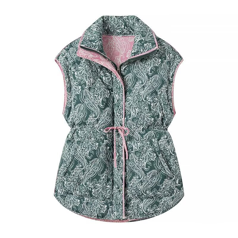 Vintage Printed Belted Cotton Padded Jacket – Women’s Warm Winter Loose Fit Stand Collar Coat