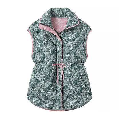Vintage Printed Belted Cotton Padded Jacket – Women’s Warm Winter Loose Fit Stand Collar Coat