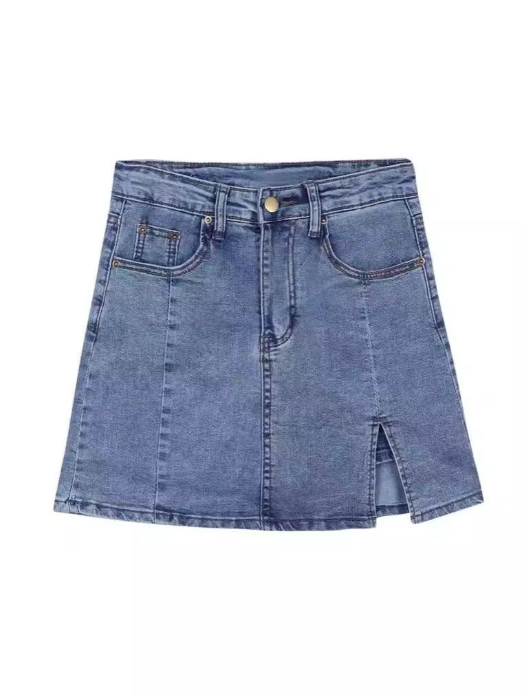High Waist Front Slit Denim A-Line Mini Skirt – Vintage Casual Style (S–XL)