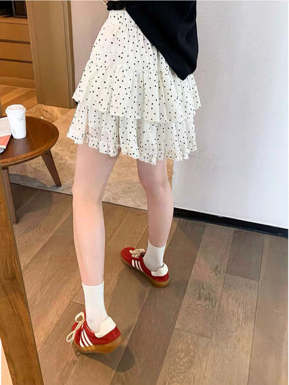 Vintage Polka Dot Ruffle Tiered Mini Skirt – High-Waisted Elastic Cake Skirt (S–XL)