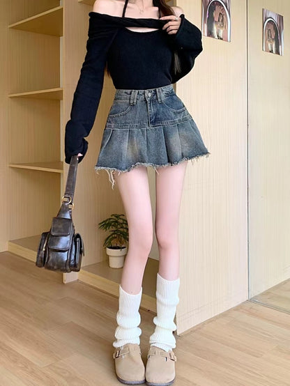 Korean Style High-Waist A-Line Denim Mini Skirt with Washed Pleated Hem (S–XL)