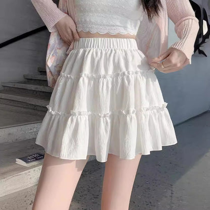 Sweet High-Waisted Layered Mini Skirt – Elastic Waist Ruffled Skater Skirt for Women (S–XL)