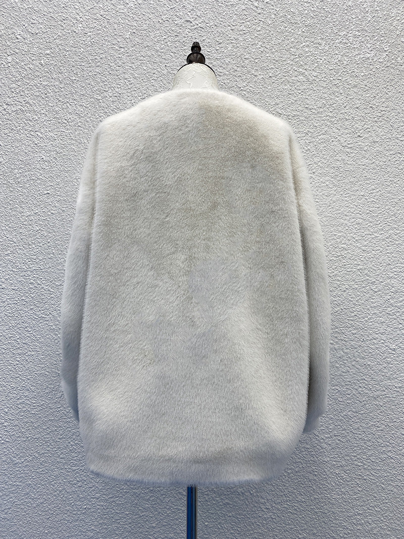 White Pearl Button Plush Coat - Elegant and Refined, Delivering a Luxurious Winter Style