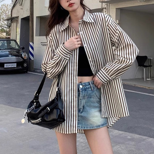 Vertical Striped Loose Long Sleeve Shirt – Women’s Casual Oversized Blouse