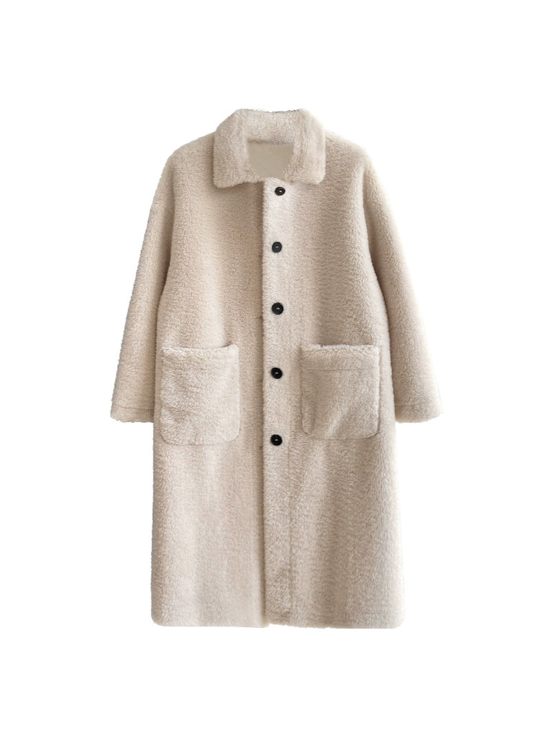 Beige Teddy Fleece Long Coat – Women’s Oversized Warm Winter Lapel Jacket