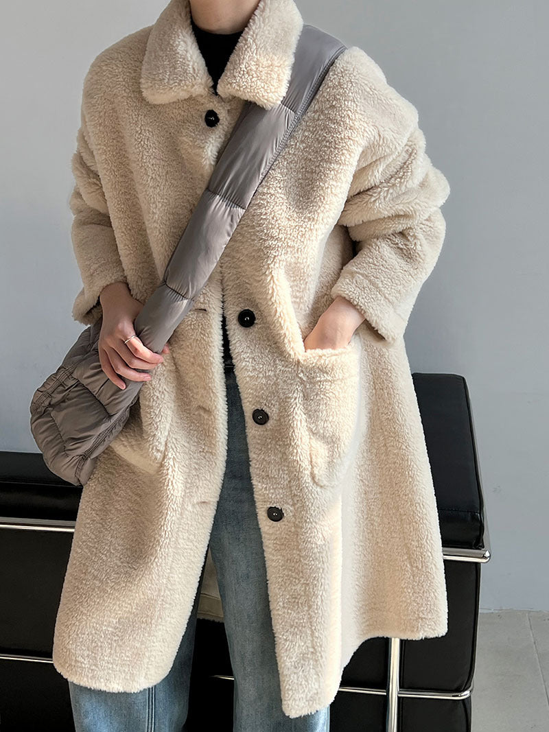 Beige Teddy Fleece Long Coat – Women’s Oversized Warm Winter Lapel Jacket