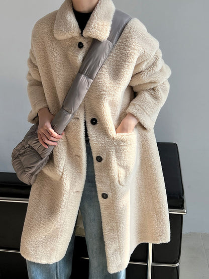 Beige Teddy Fleece Long Coat – Women’s Oversized Warm Winter Lapel Jacket