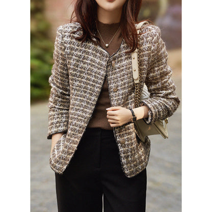 Vintage Plaid Tweed Jacket – Elegant Women’s Autumn Winter Chanel-Inspired Short Cardigan Blazer