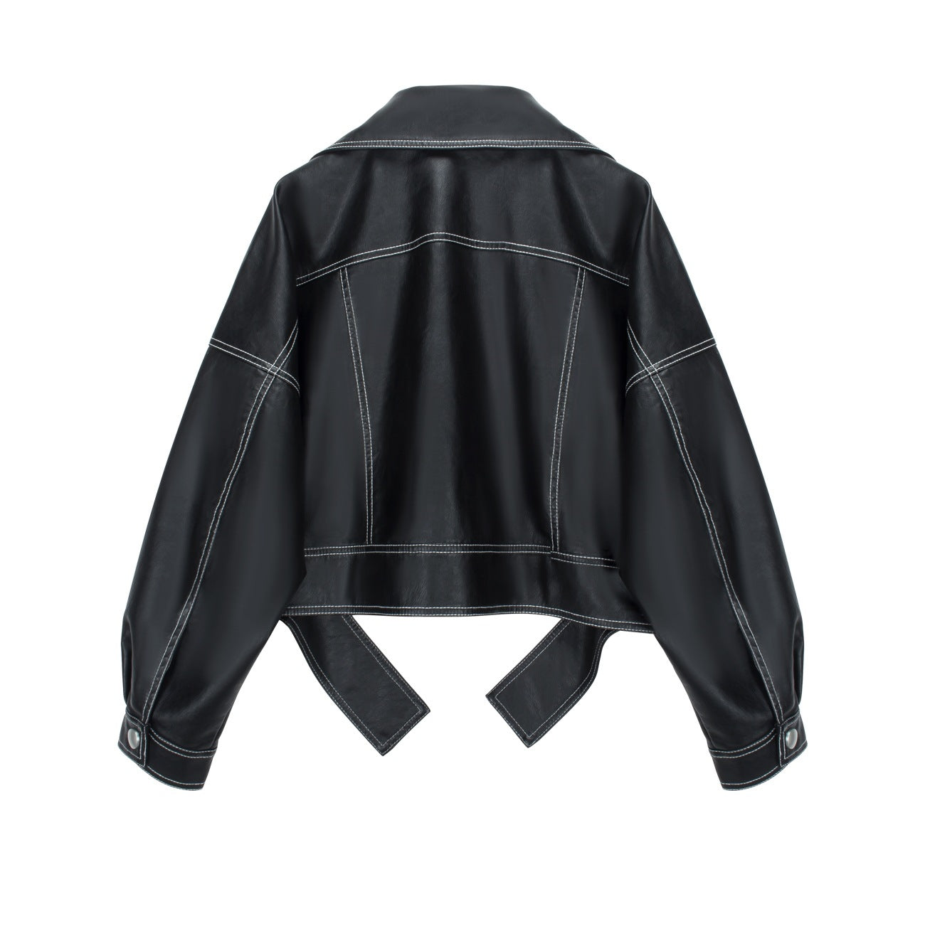 Black topstitched cropped leather jacket – a trendy and avant-garde style, a fashionable and avant-garde item suitable for various scenes