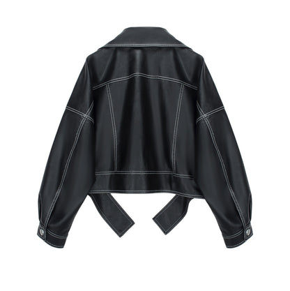 Black topstitched cropped leather jacket – a trendy and avant-garde style, a fashionable and avant-garde item suitable for various scenes
