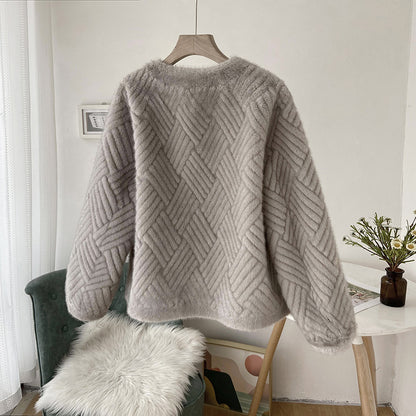 Light grey woven faux lamb fur coat – a subtle Chanel touch for a sophisticated and warm winter look