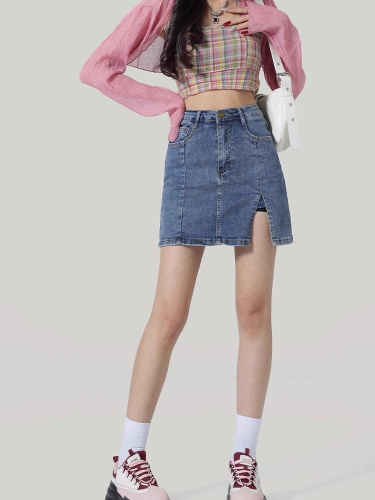 High Waist Front Slit Denim A-Line Mini Skirt – Vintage Casual Style (S–XL)