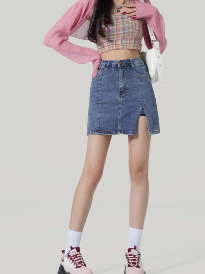 High Waist Front Slit Denim A-Line Mini Skirt – Vintage Casual Style (S–XL)